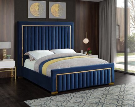Gold trim high headboard velvet upholstery bed
