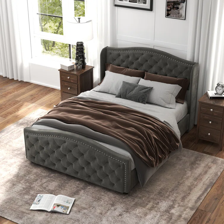 KassaiaVelvetUpholsteredMetalNailTrimPlatformBedwithTuftedHeadboardand4Drawers.webp