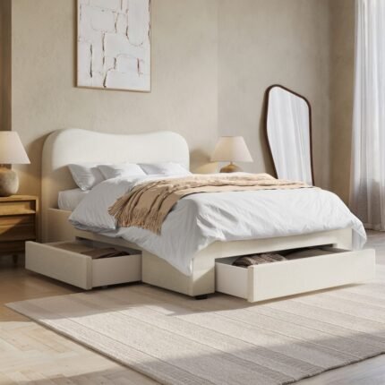 Cream Upholstered Double Bed Frame with Storage
